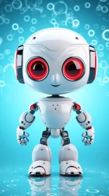 Joyful White Robot with Red Eyes on Blue Surface