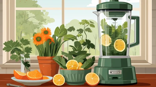 Kitchen Counter Window View with Blender and Oranges