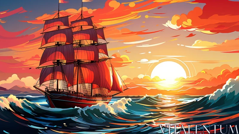 AI ART Sailing Ship at Sea - Sunset Seascape Art