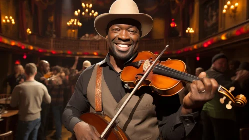 Smiling African-American Violinist in Joyful Crowd