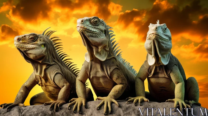 Three Iguanas on Rock at Sunset AI Image