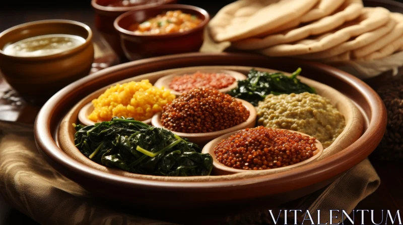 Traditional Ethiopian Food Platter with Injera Bread and Stews AI Image
