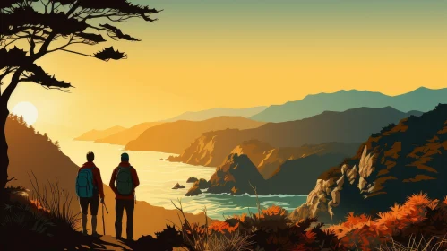 Tranquil Coastal Sunset Scene with Hikers