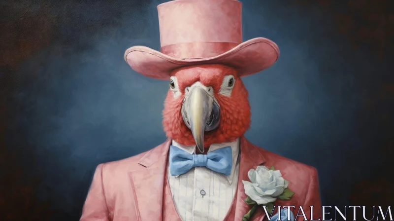AI ART Whimsical Parrot Portrait in Pink Top Hat and Blue Suit