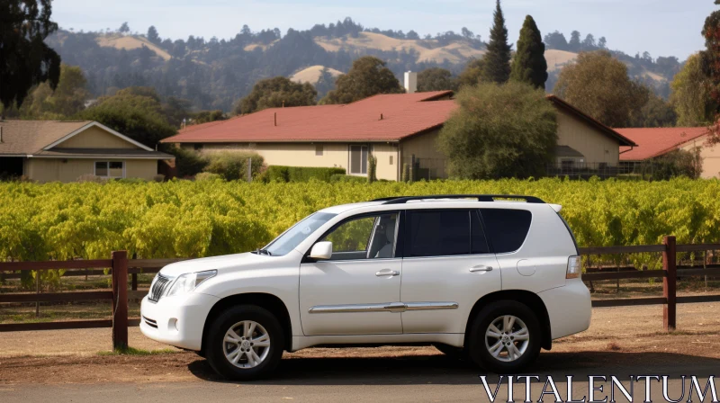 White SUV in Front of Vineyard - Unique Artwork Inspired by Nature AI Image
