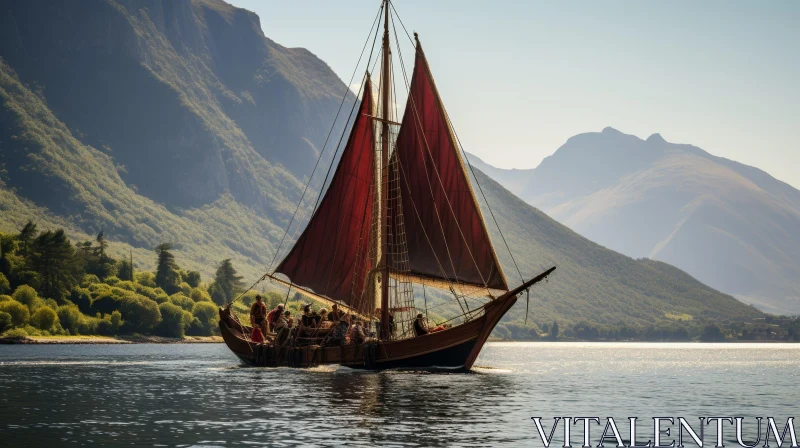 Wooden Viking Ship Sailing on Lake with Red Sail AI Image