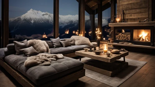 Cozy Living Room with Snowy Mountain View