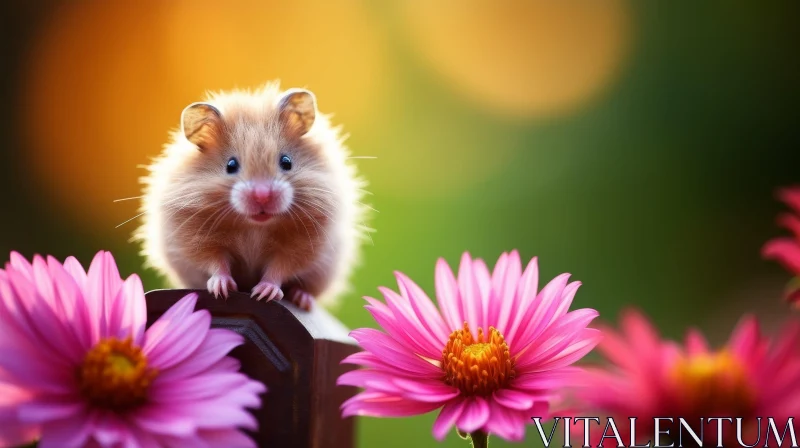 Curious Hamster on Wooden Fence with Pink Flowers AI Image