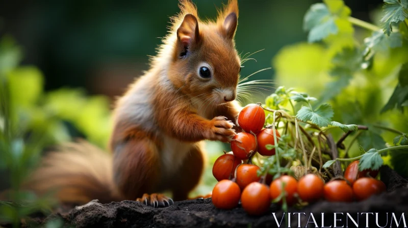 AI ART Curious Red Squirrel Eating Tomatoes on Tree Branch