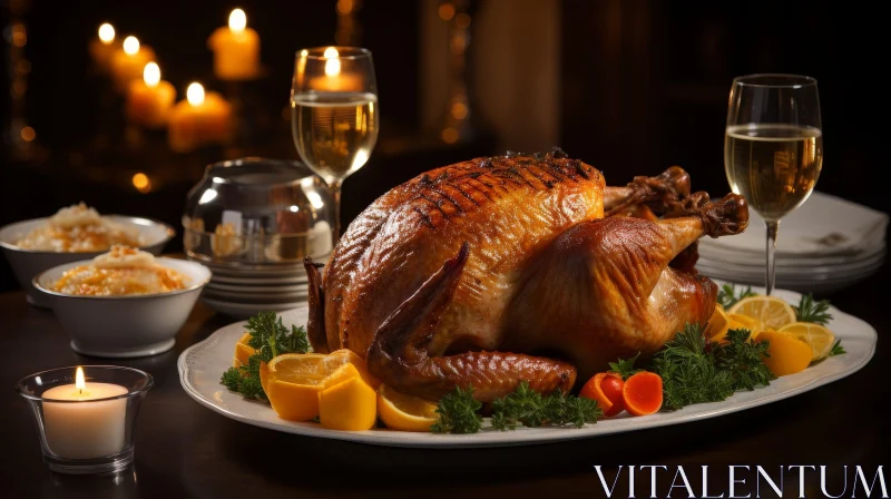 Delicious Roasted Turkey Dinner with Wine and Candles AI Image