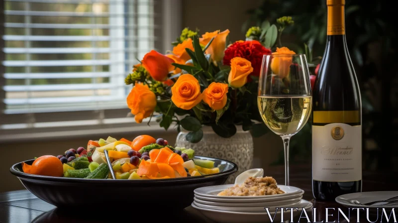 Elegant Fruit Salad Table Setting with White Wine AI Image
