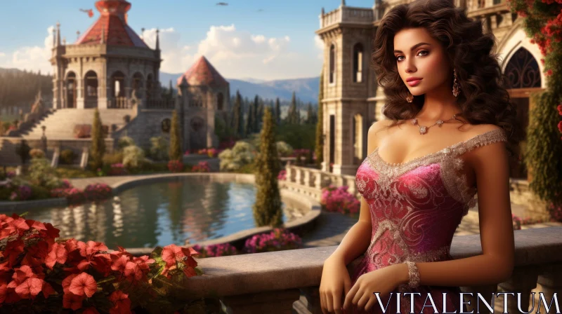 Enchanting Woman in Pink Dress Admiring Castle and Lake View AI Image