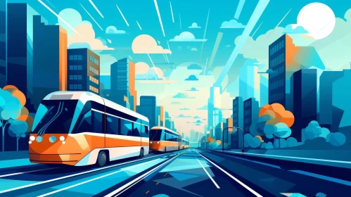 Futuristic Cityscape Illustration with Tram