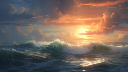 Golden Sunset Seascape - Captivating Ocean Waves