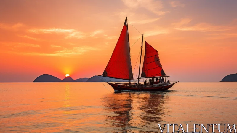 Mesmerizing Sunset over the Sea with Red-Sailed Boat AI Image