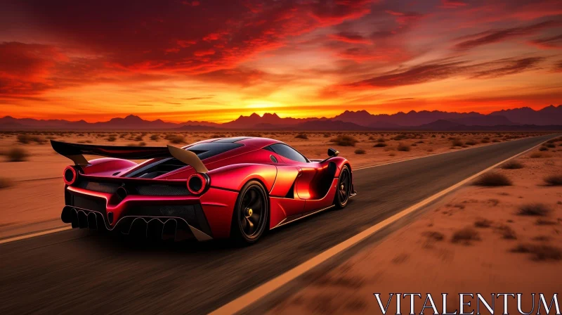 Red Sports Car Driving in Desert Landscape at Sunset AI Image