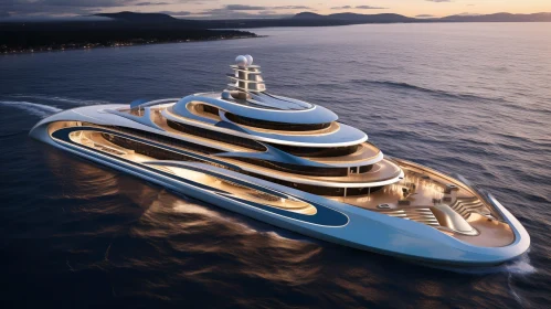 Sleek Futuristic Yacht Design in Marina with Mountain View
