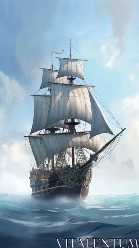 AI ART Tall Ship Sailing on Rough Sea - Digital Painting