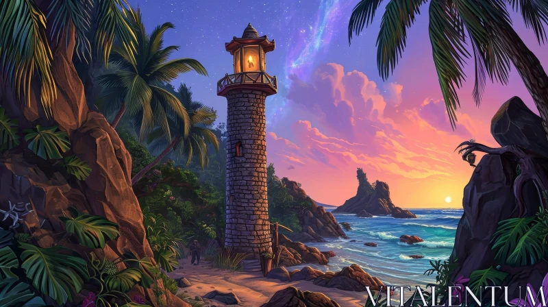 Tranquil Tropical Island with Lighthouse at Sunset AI Image