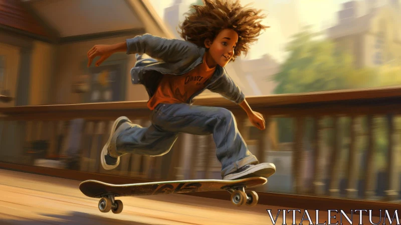 Young Boy Skateboarding Digital Painting AI Image