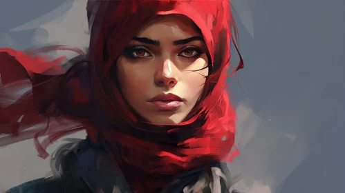 Young Woman Portrait in Red Hijab
