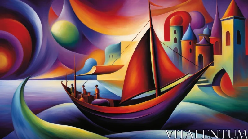AI ART Colorful Harbor Scene Painting - Cityscape and Boat