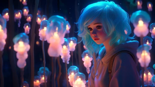 Enigmatic Encounter: Blue-Haired Girl and Glowing Jellyfish in Dark Forest