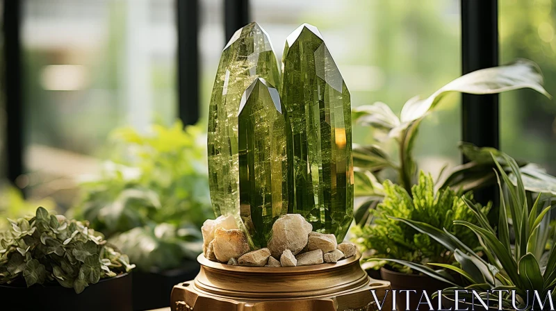 Golden Pedestal with Green Crystals and Plants AI Image