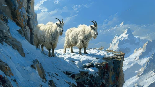Mountain Goats on Snowy Cliff - Wildlife Painting