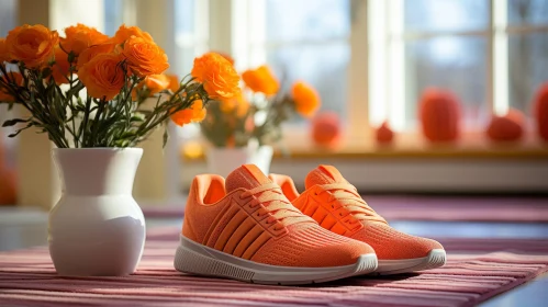 Orange Running Shoes on Pink Carpet with Orange Roses