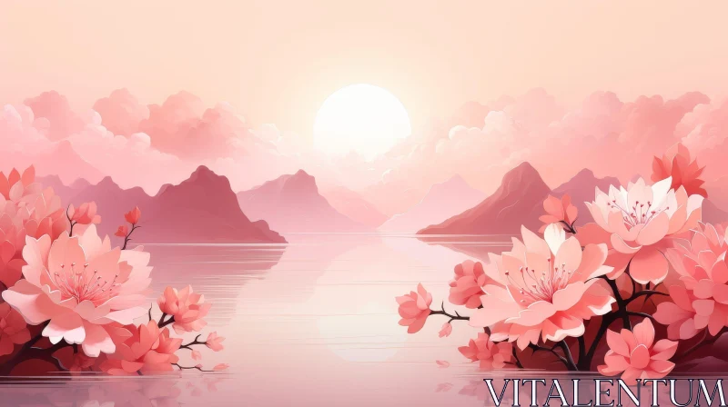 AI ART Tranquil Sunset Landscape with Lake and Cherry Blossoms