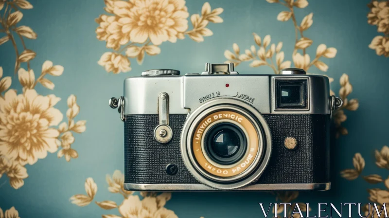 Vintage Camera on Blue Floral Background AI Image