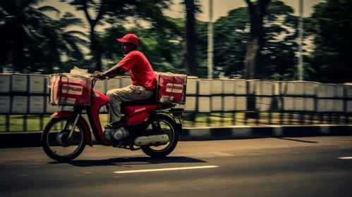 Delivery Man on Red Motorbike in Traffic