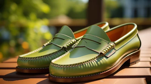 Green Leather Loafers on Wooden Surface