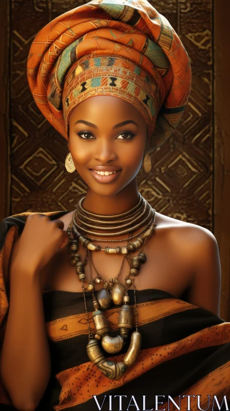 AI ART Young African Woman Portrait with Traditional Headscarf and Jewelry