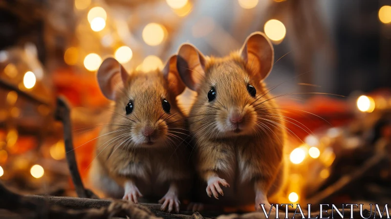 Adorable Mice on Branch with Twinkling Lights AI Image
