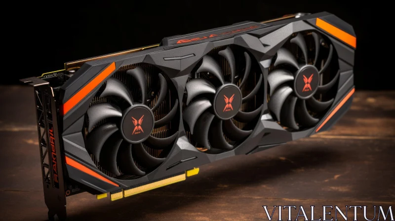 Black and Orange Graphics Card with Three Fans on Wooden Surface AI Image