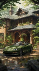 Green Sports Car Parked in Front of Stone House in Forest Setting