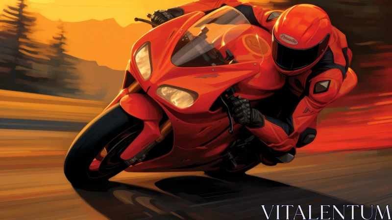 Intense Motorcycle Ride: Man on Red Sport Bike AI Image