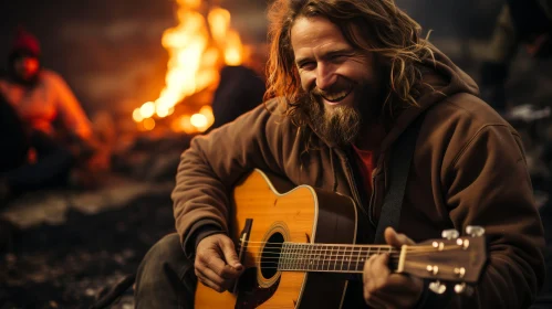 Man Playing Guitar and Singing Around Bonfire