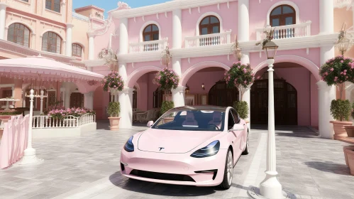 Pink Electric Car Parked in Front of a Pink Building