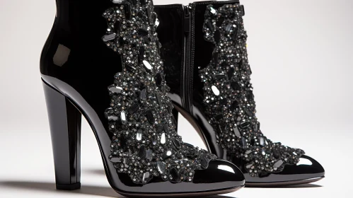 Stylish Black Leather High-Heeled Boots with Crystal Embellishments