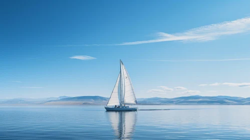 Tranquil Lake Scene with White Sailboat and Mountains
