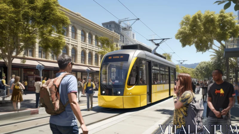 Urban Scene: Yellow Tram in Motion AI Image