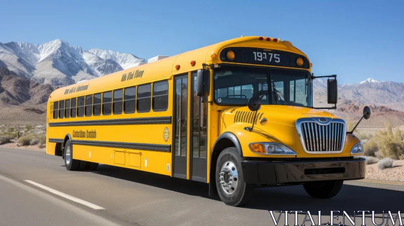 AI ART Yellow School Bus on Asphalt Road: 1975 Number in Desert