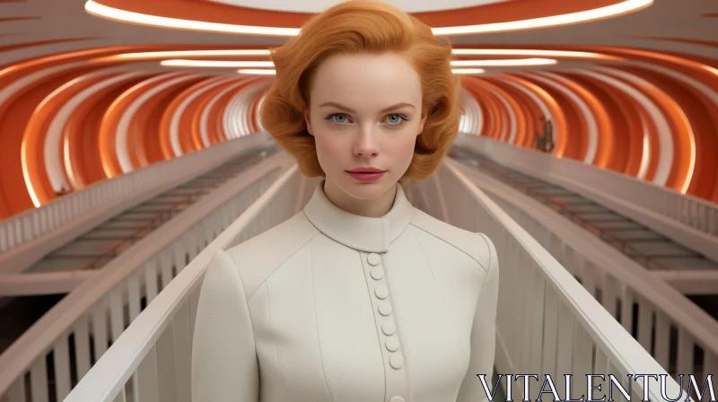 Young Woman in White Suit with Red Hair in Futuristic City AI Image