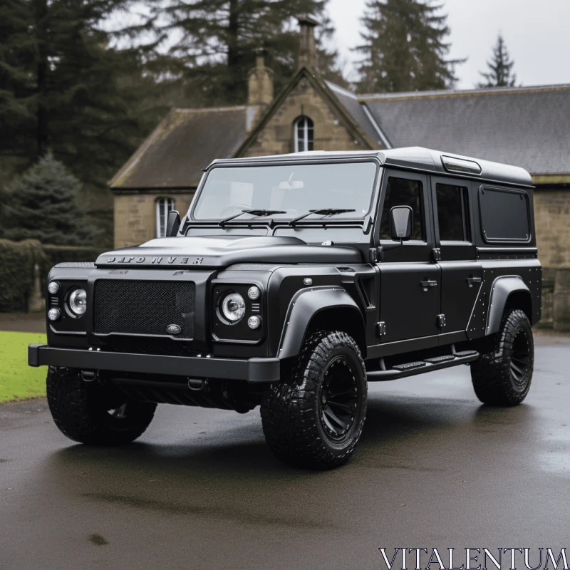 Black Land Rover Defender Parked in Front of House - Industrial Minimalism AI Image