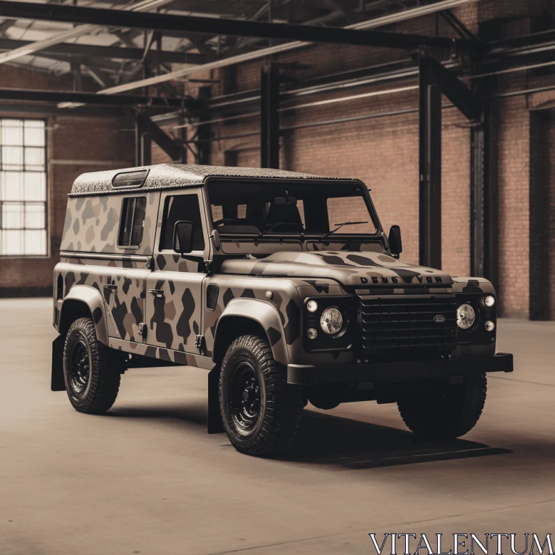 Camouflaged Land Rover Defender: Industrial Brutalism in Monochrome AI Image