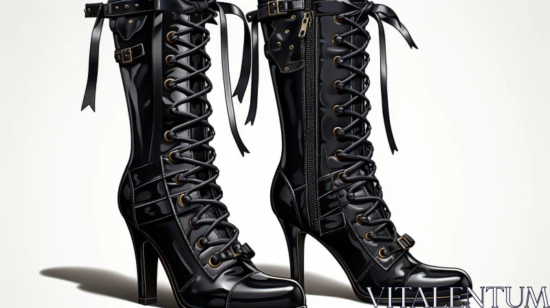 AI ART Chic Black Leather Boots with Gold Buckles