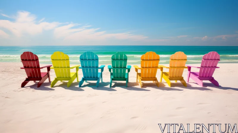 Colorful Beach Chairs on Sandy Shore AI Image